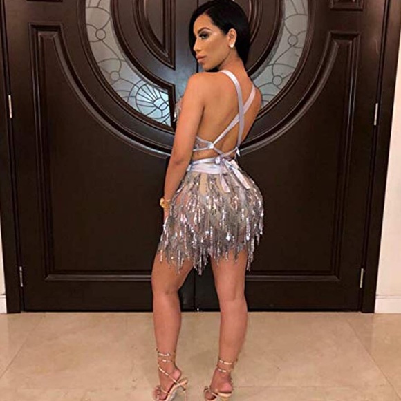 Women's Glitter Sexy Deep V Neck Sequin Beaded Halter Bodycon Mini Party Dress - Picture 7 of 11